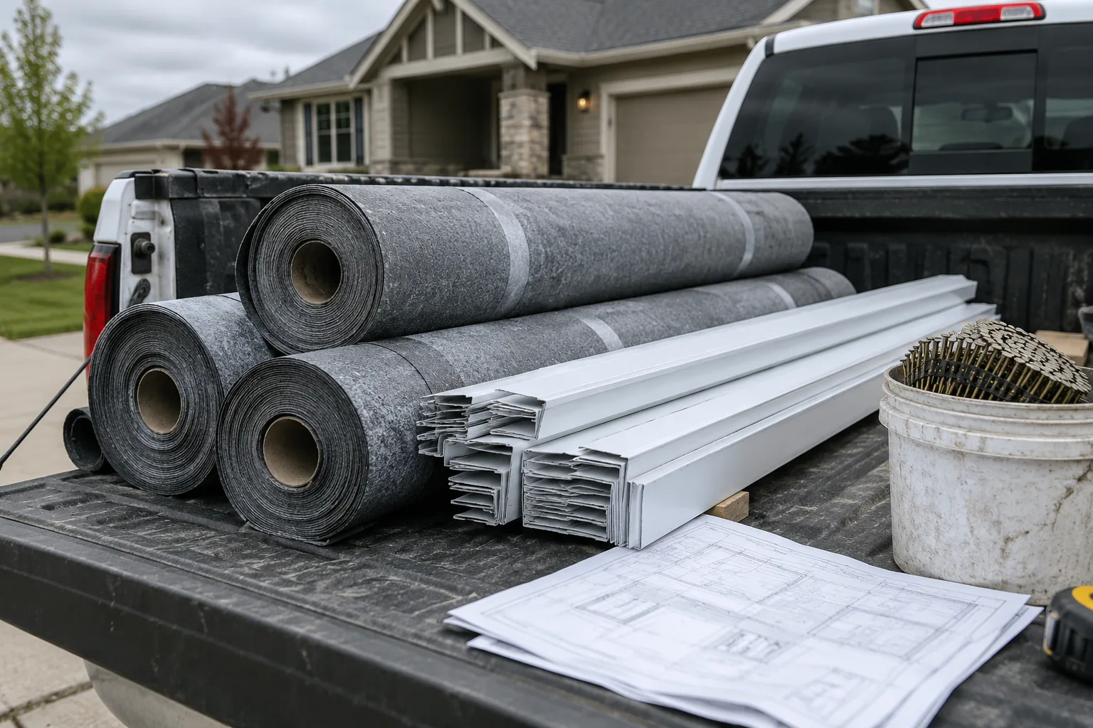 Rolls of roofing underlayment and bundles of drip edge on a pickup tailgate in a driveway