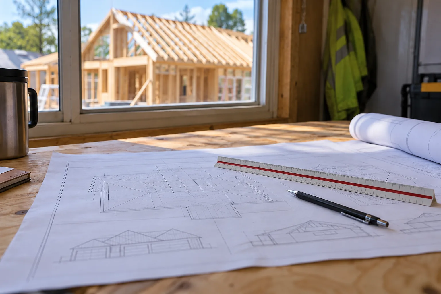 Roof plan and elevation sheets on a job trailer table with a scale ruler and pitch notes