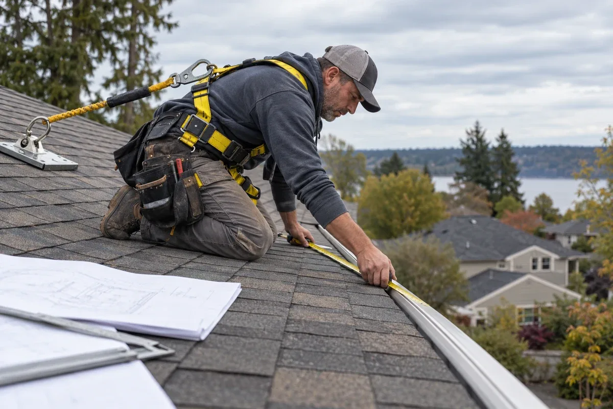 Roofer in a fall protection harness tied to a roof anchor, kneeling on shingles and pulling a tape measure along the eave