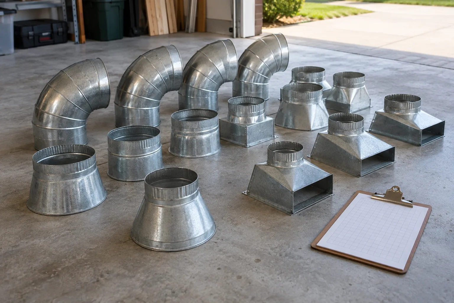 Sheet metal duct fittings, collars and boots laid out on a garage floor beside a takeoff sheet