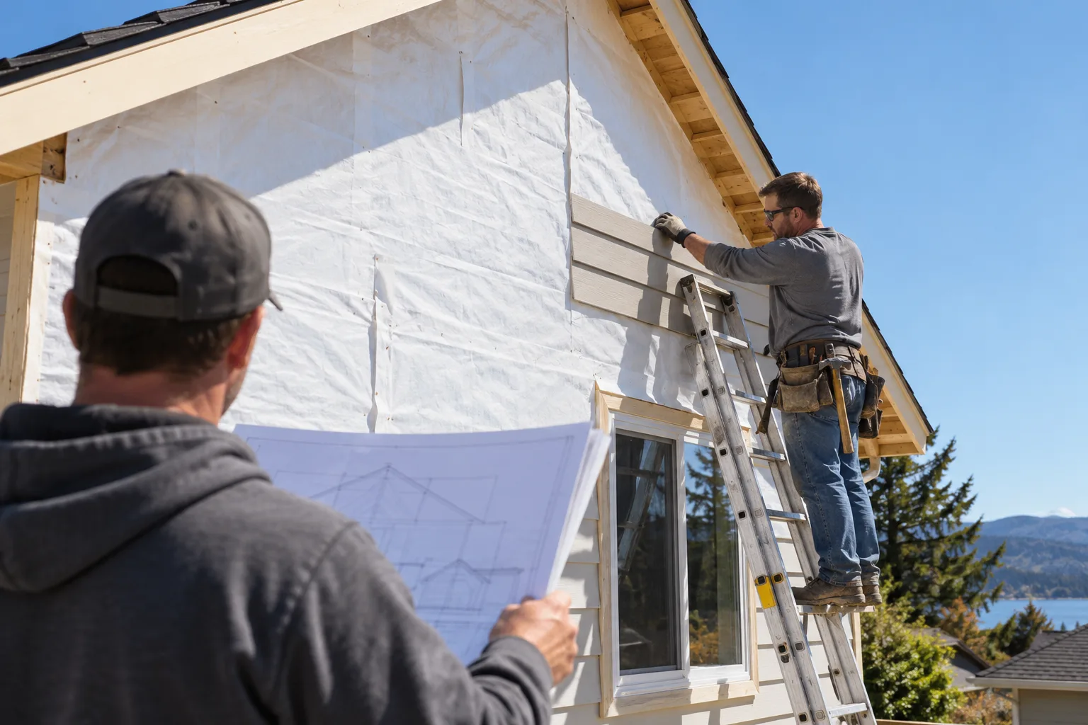 Siding crew on a ladder beside a gable end while another worker holds an elevation sheet at ground level