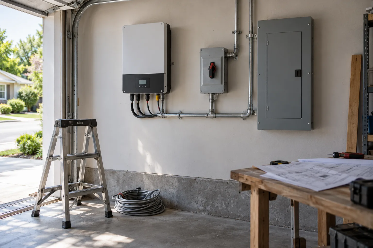 Solar inverter, disconnect and distribution panel mounted on a garage wall