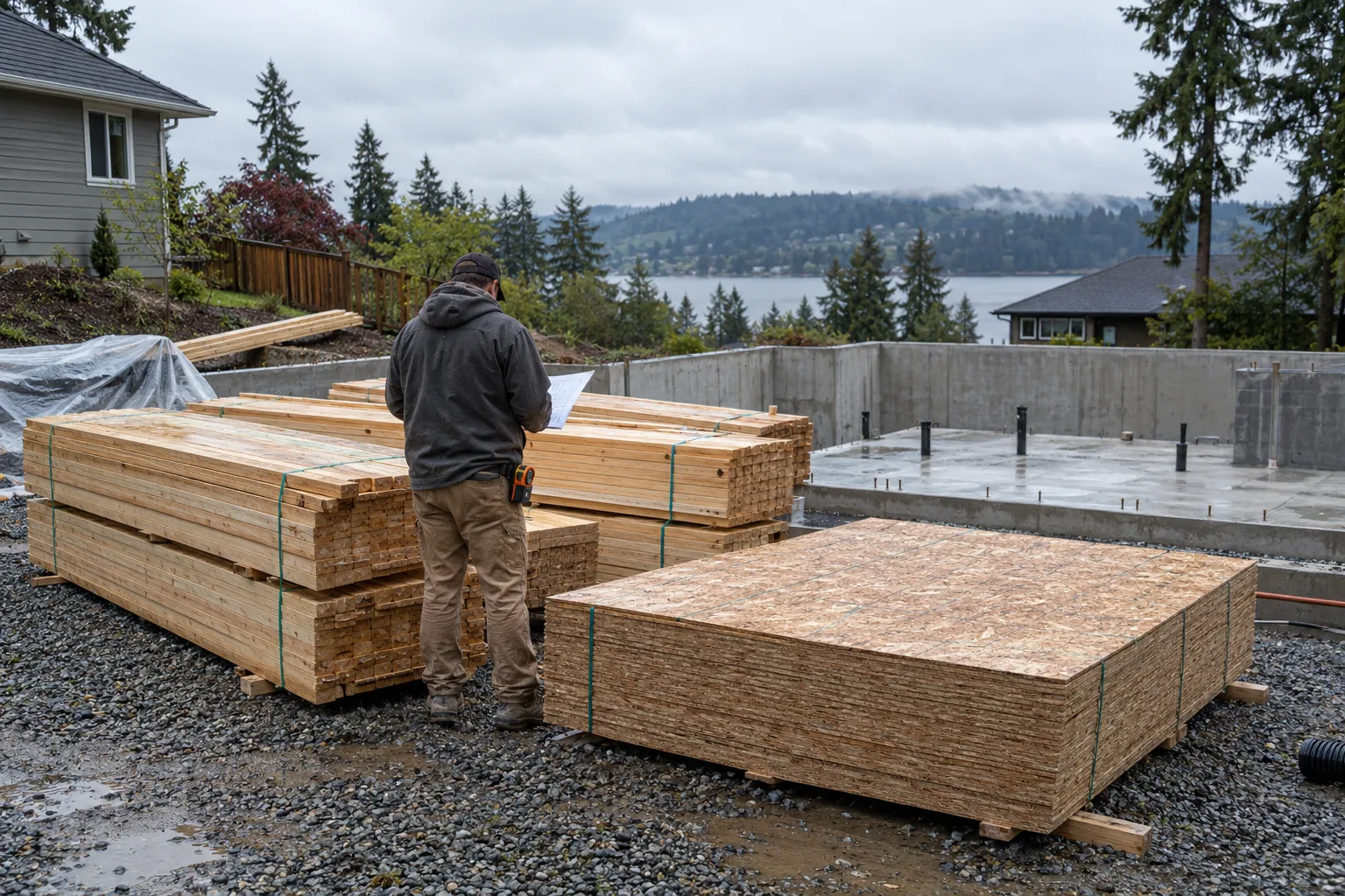 Stack of dimensional lumber and sheathing panels delivered on a residential lot beside a poured foundation, overcast morning