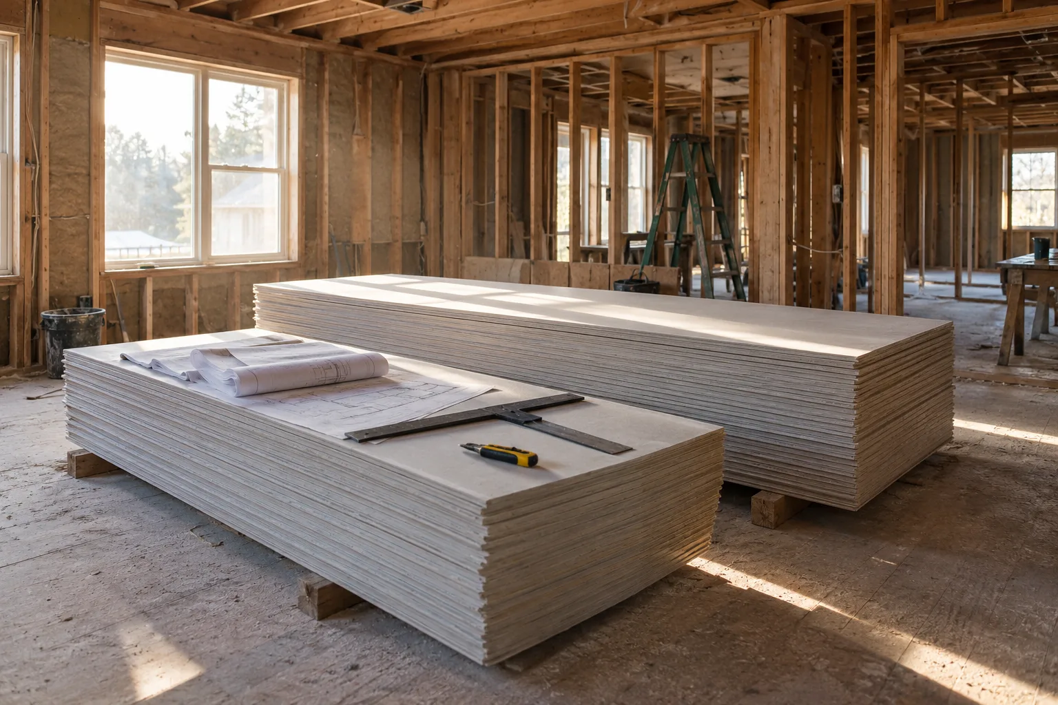 Stacked gypsum board sheets of two lengths on the floor of a framed room