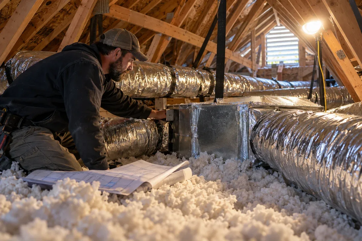 Technician connecting insulated flexible ducts to a supply plenum over loose fill insulation in an attic