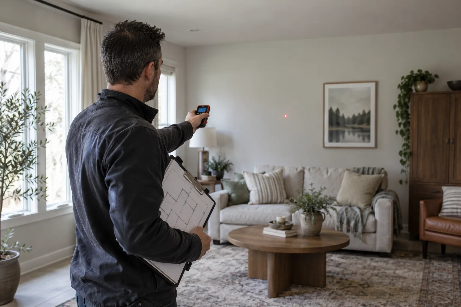 Technician measuring a living room wall with a laser distance meter