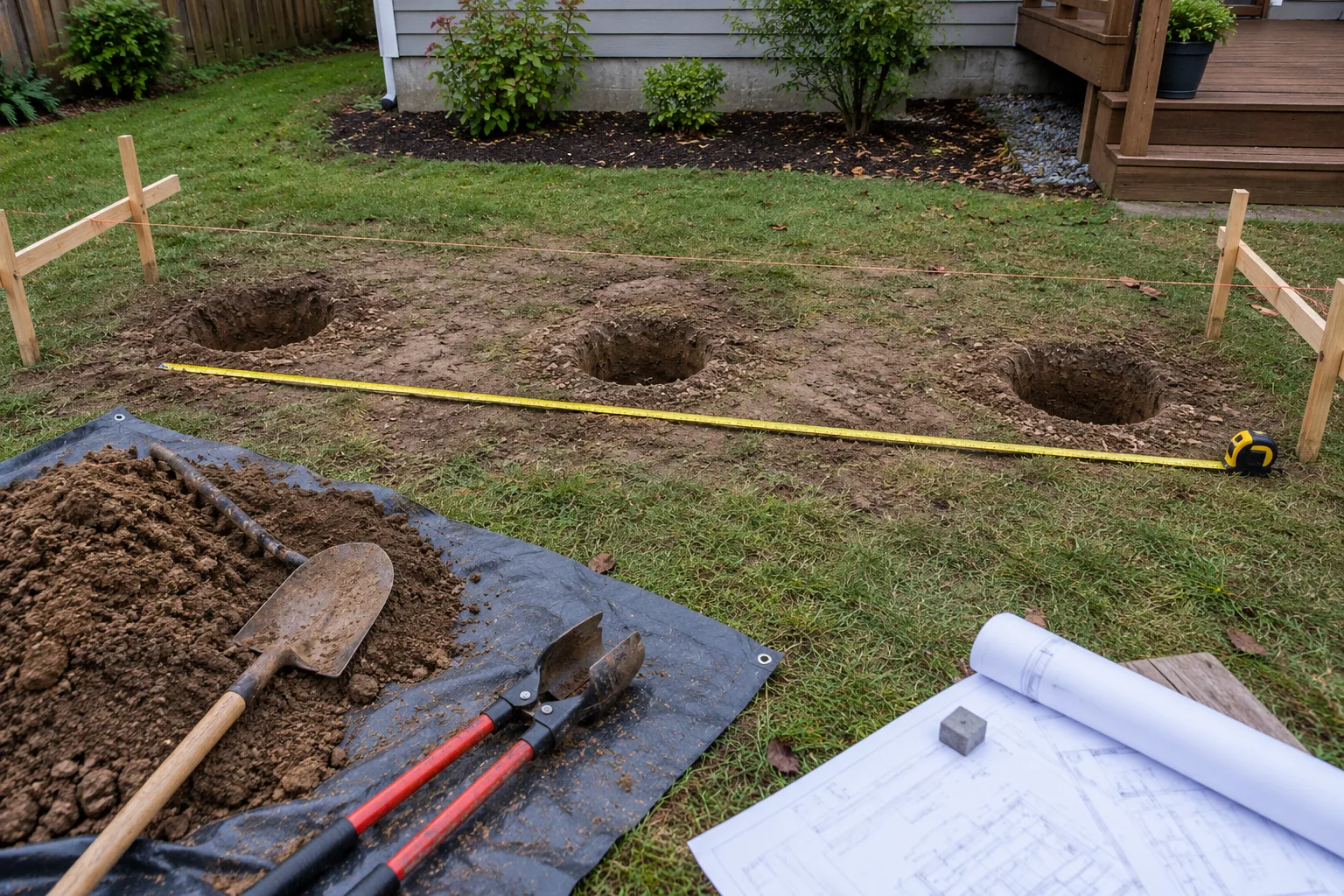 Three dug footing holes in a row with a tape measure stretched along them in a backyard