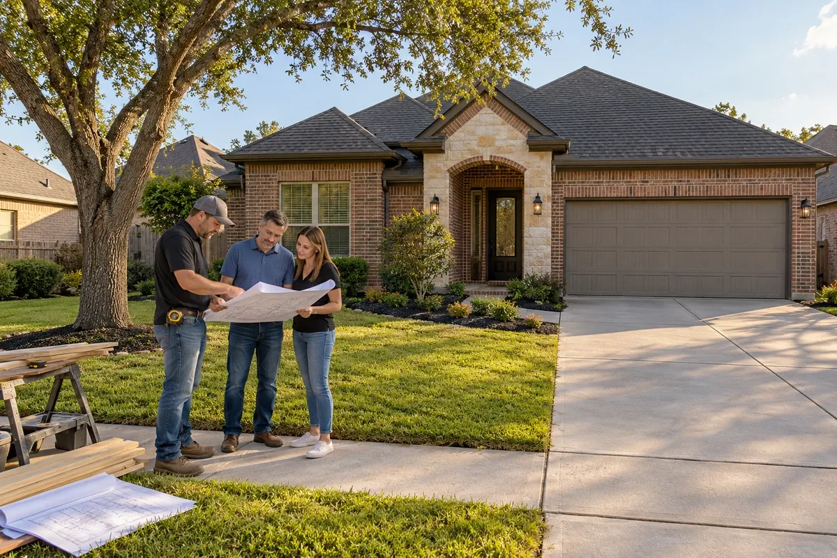 Three people reviewing plan sheets outside a brick house beside a driveway