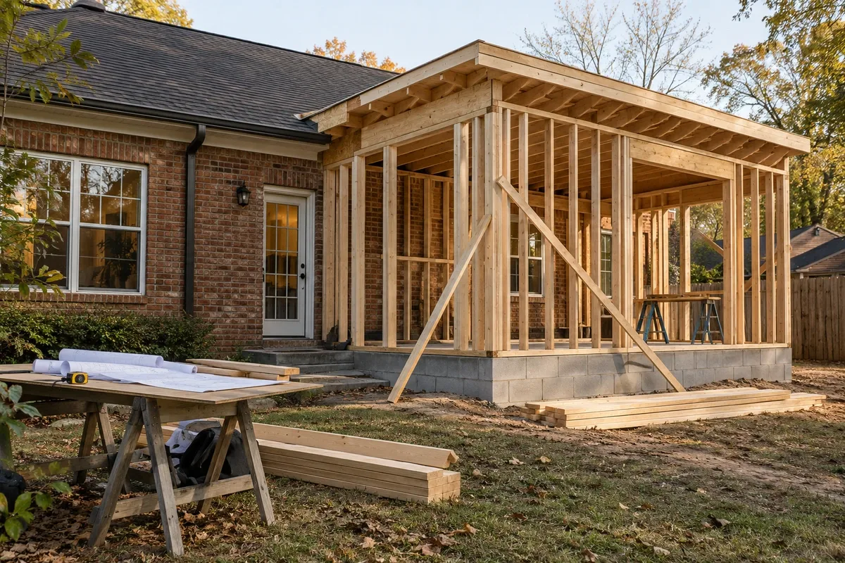 Timber-framed room addition beside a brick house with plan sheets on a work table
