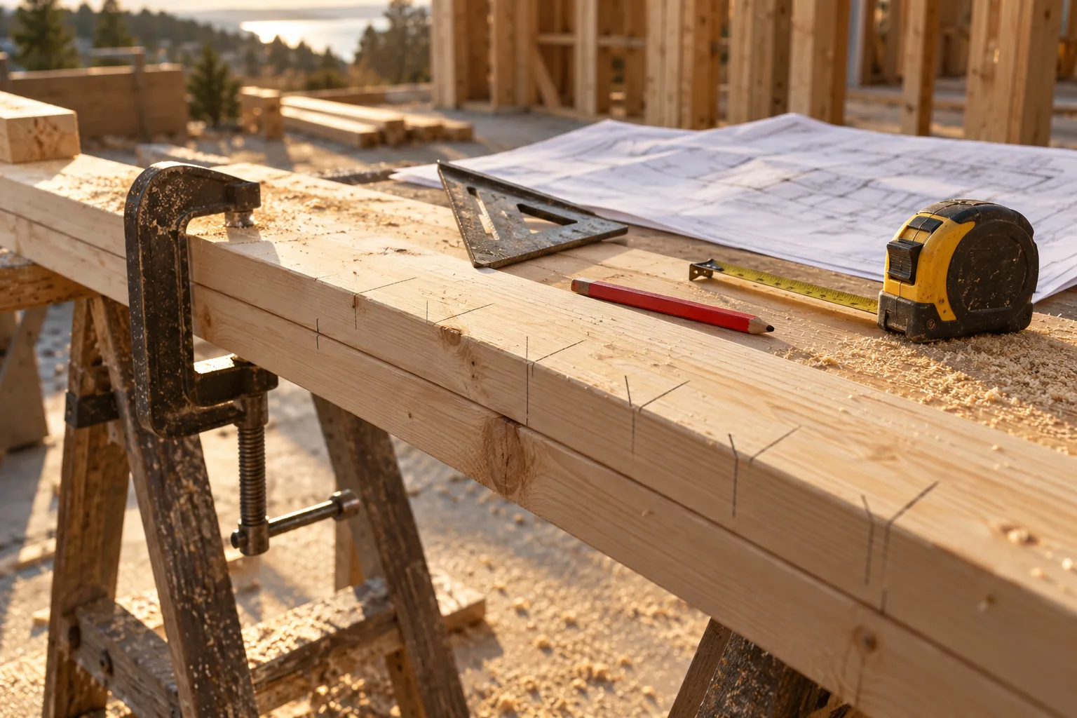Top plate clamped across sawhorses with a speed square, a tape measure and a plan sheet beside it