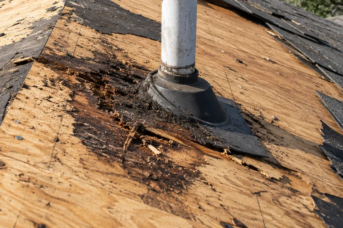 Torn off roof showing plywood decking with a rotted patch around a plumbing vent