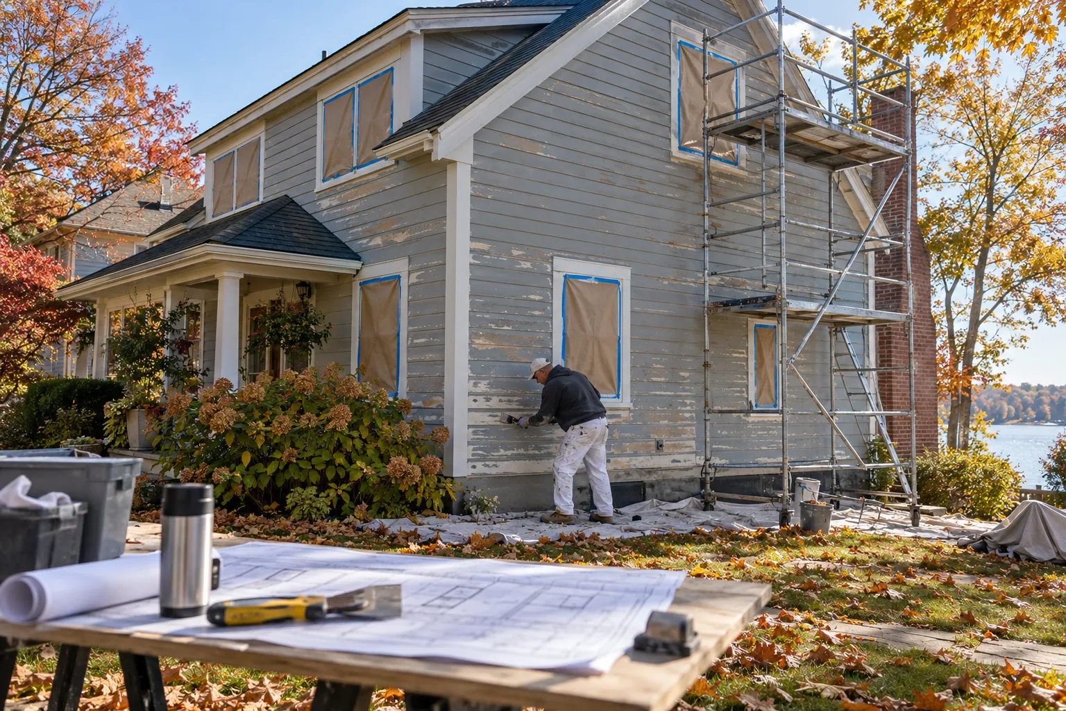 Two story house with lap siding being prepared for paint, trim masked and scaffold at the gable