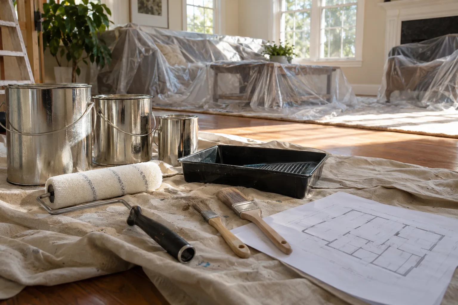 Unlabeled paint cans, rollers and a tray on a drop cloth beside a printed floor plan