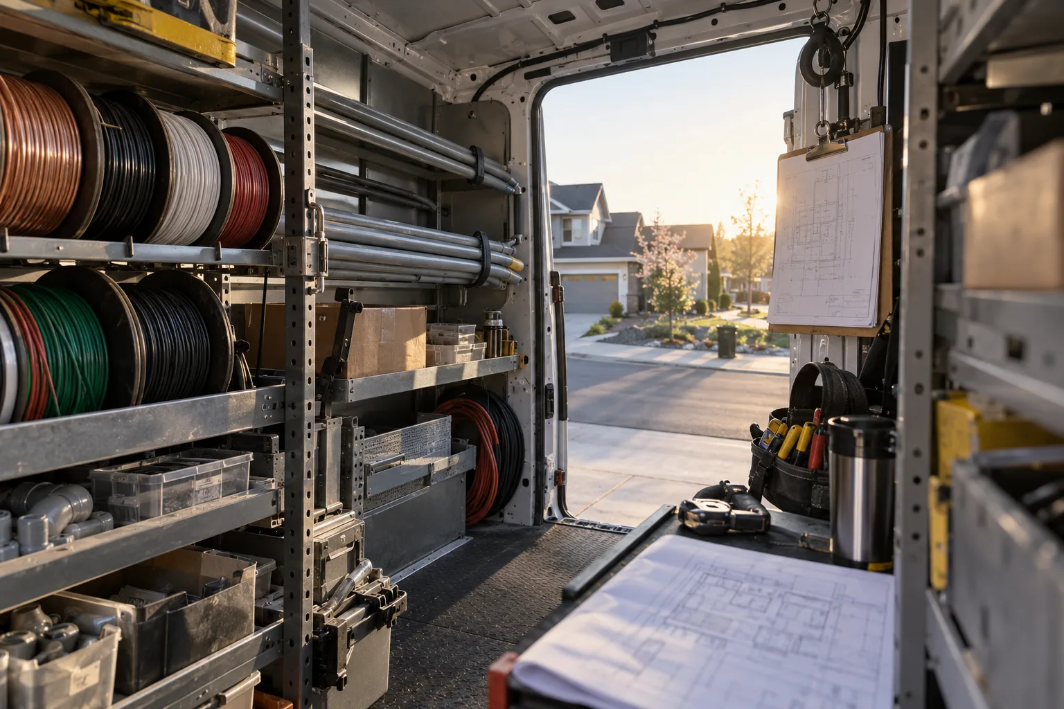 Wire reels, conduit and fittings stored on shelves in a work van