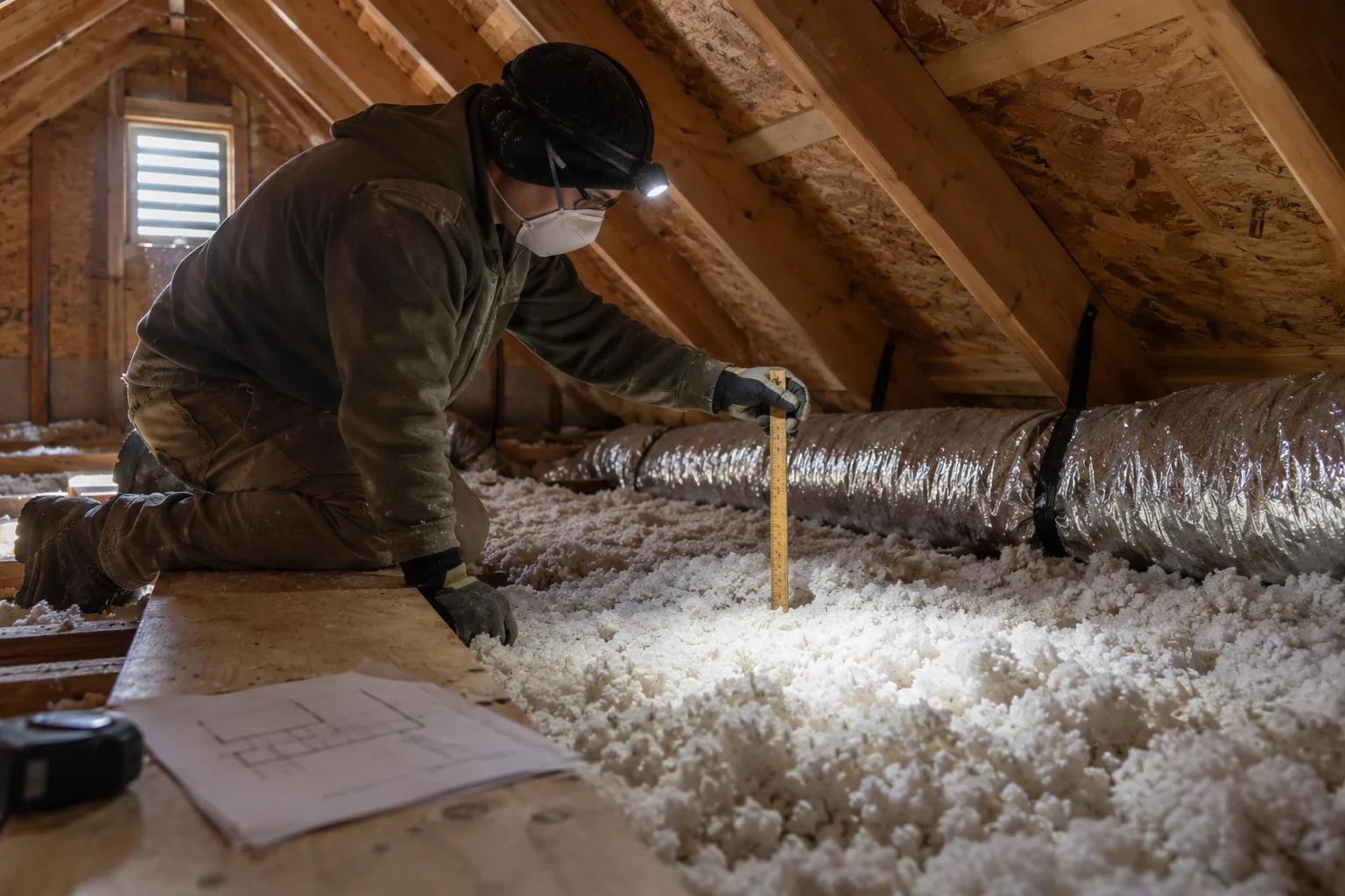 Worker in a dust mask checking attic insulation depth with a ruler