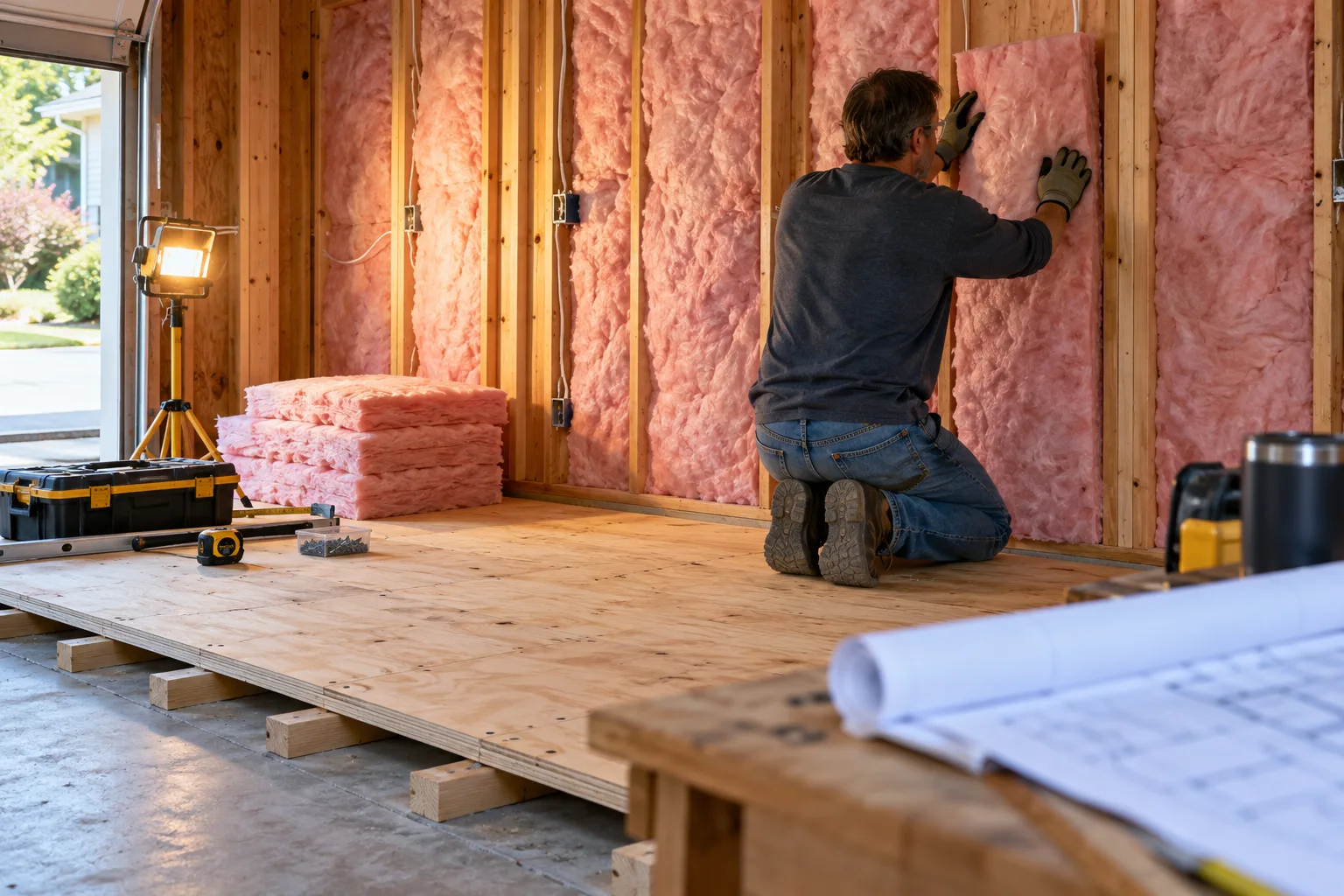 Worker in gloves pressing fiberglass batts into stud bays above a new plywood subfloor on sleepers over the slab