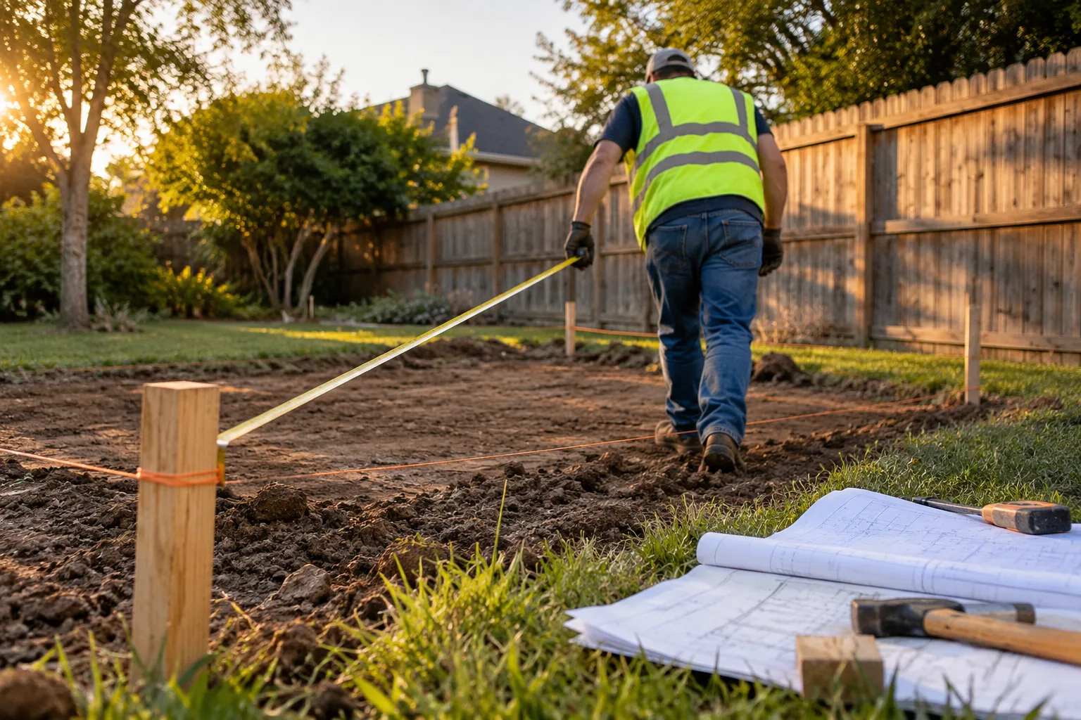 Worker seen from behind pulling a tape measure from a wooden corner stake toward a back fence