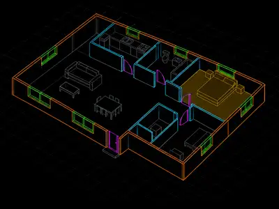 Example residential plan with color-coded walls, doors, windows and a bedroom area.