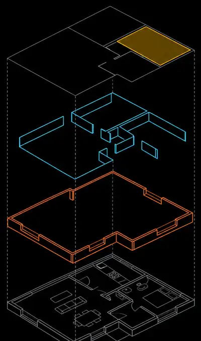 Example plan separated into exterior walls, partitions and a measured room area.