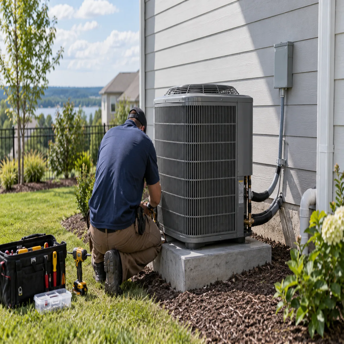 Technician checking an outdoor air-conditioning unit