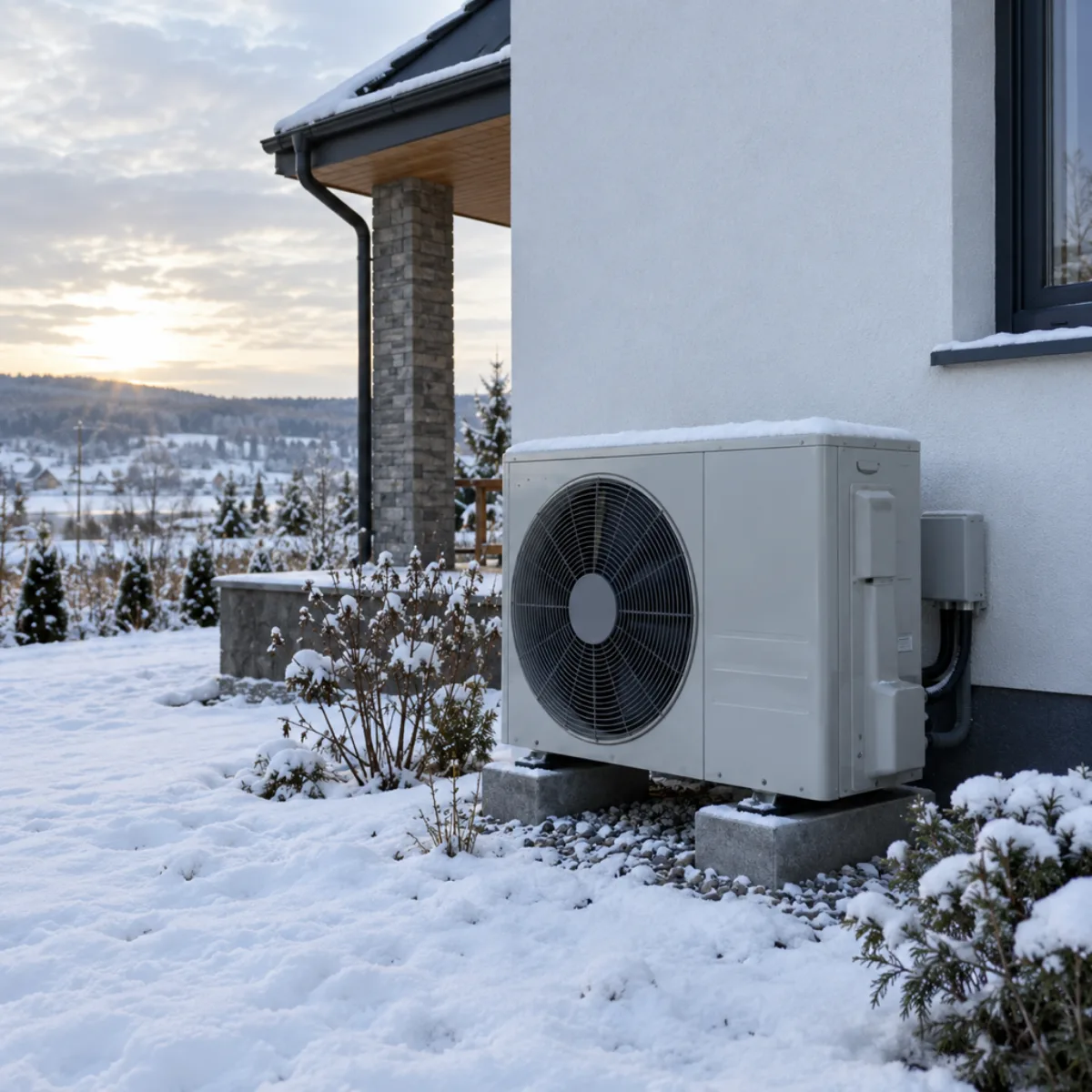 Outdoor heat pump beside a house in snowy weather