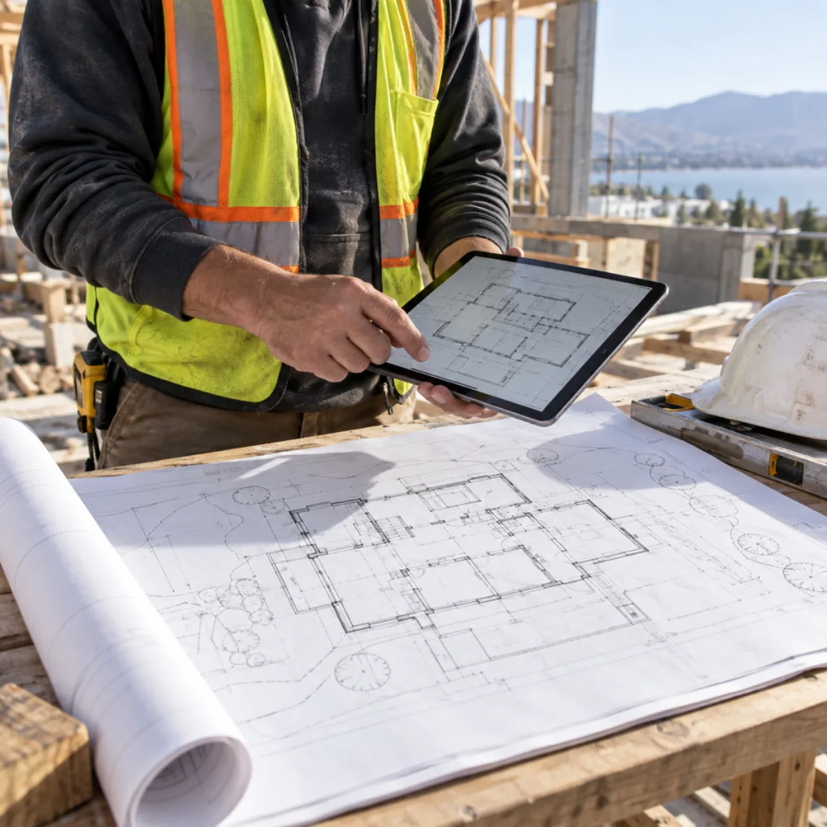 Contractor comparing a tablet floor plan with a printed drawing