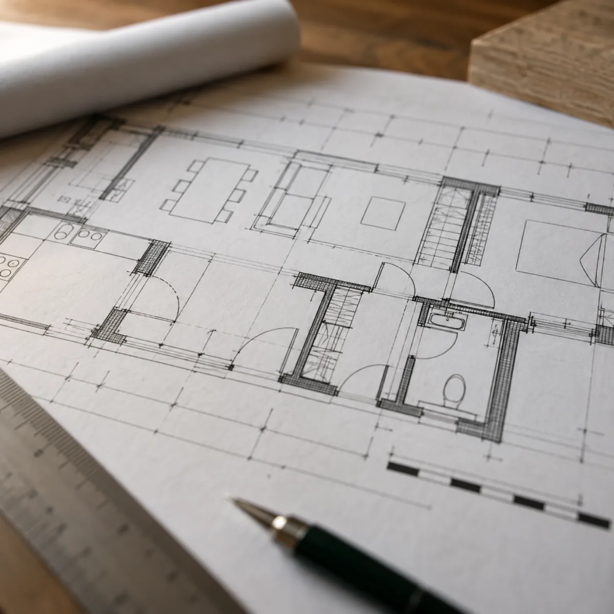 Floor plan dimensions and scale bar beside a pencil and ruler