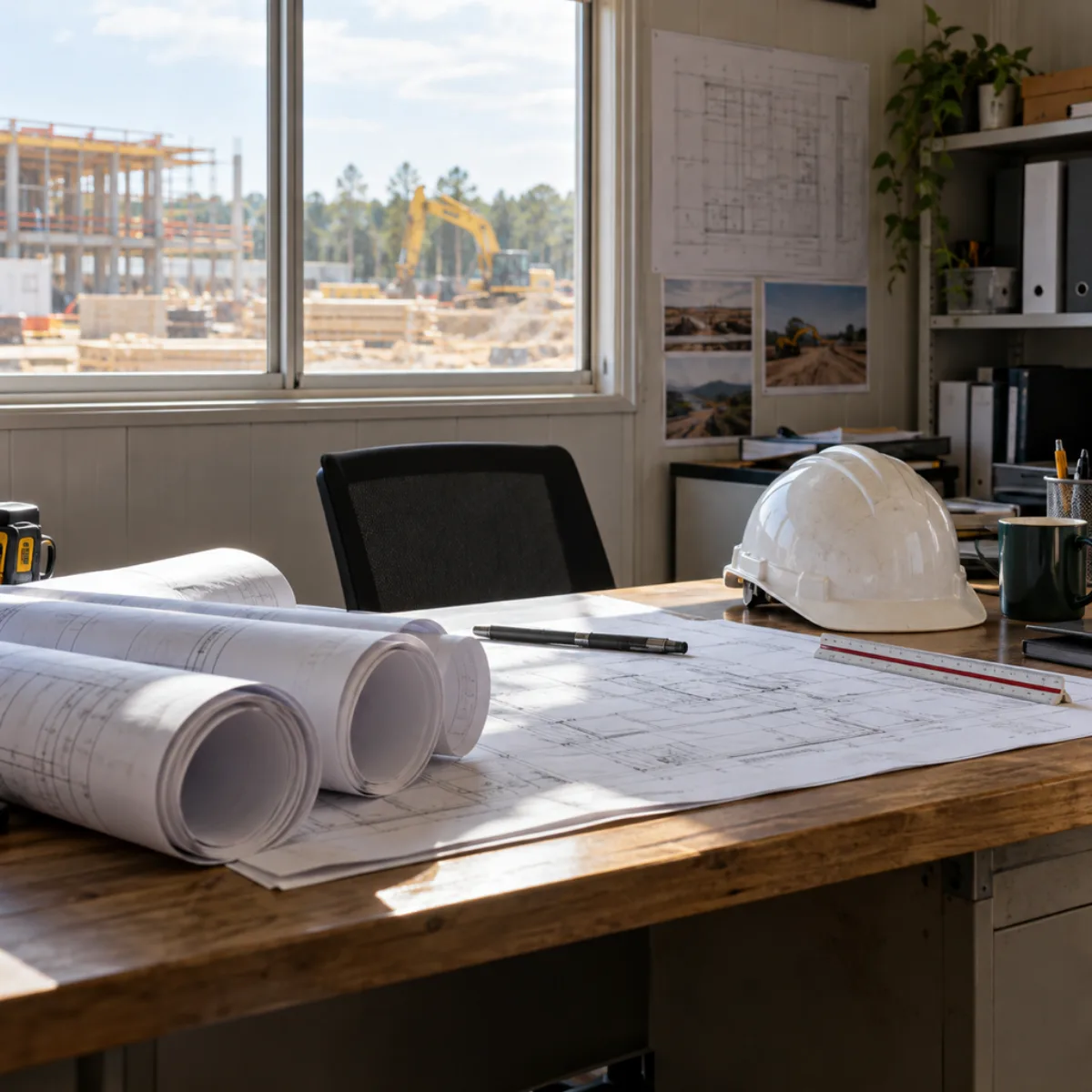 Rolled plan sheets and a hard hat on a jobsite office desk
