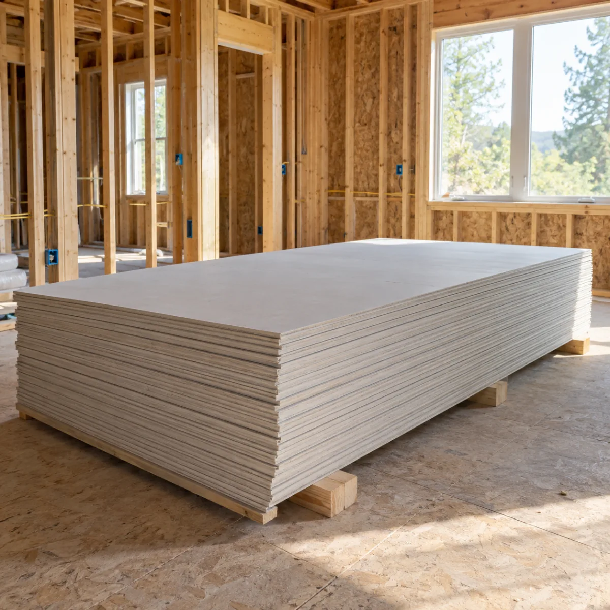 Stacked gypsum boards in an unfinished framed room