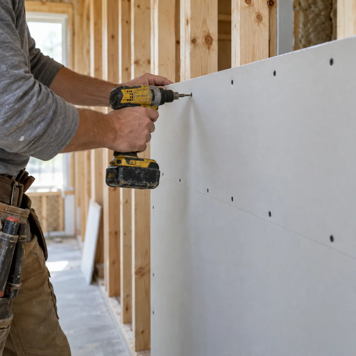 Installer driving drywall screws into a gypsum board sheet