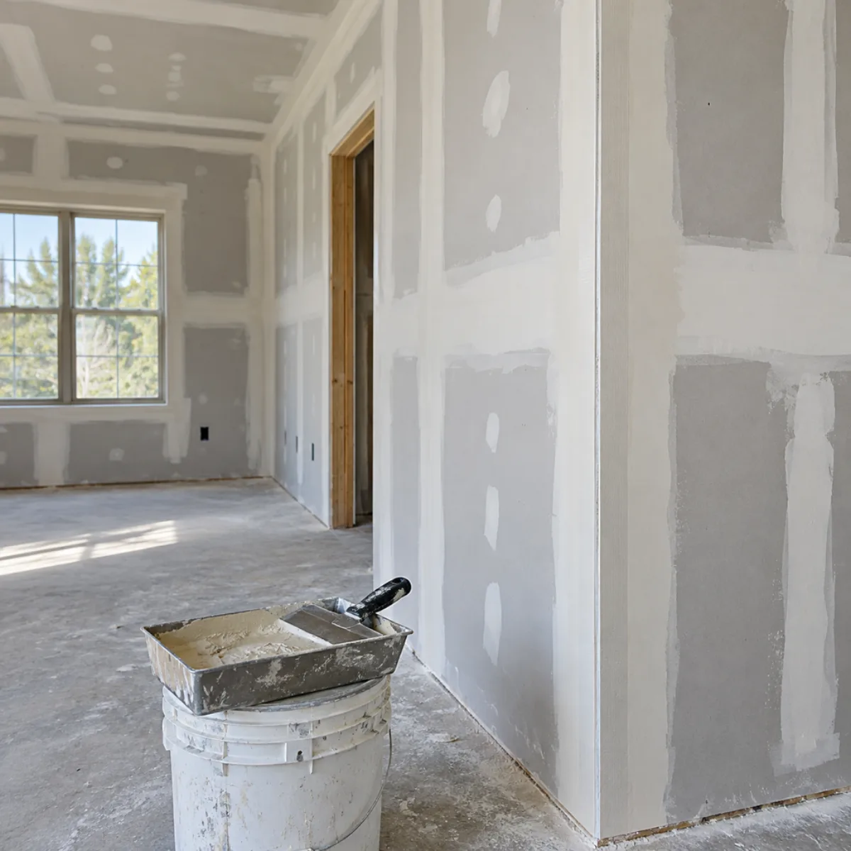 Joint compound and finishing knife beside taped drywall seams