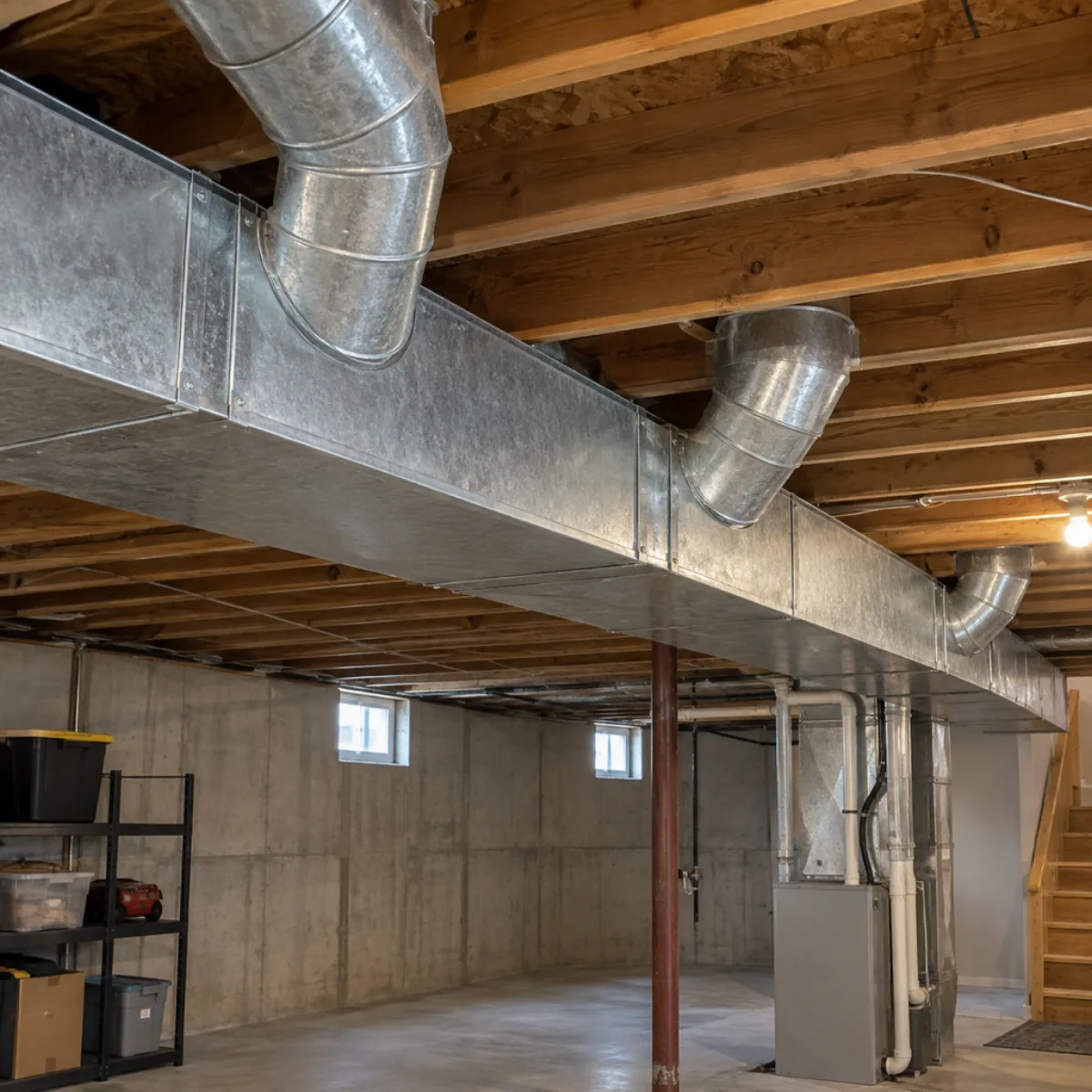 Rectangular supply trunk and round branches below a floor