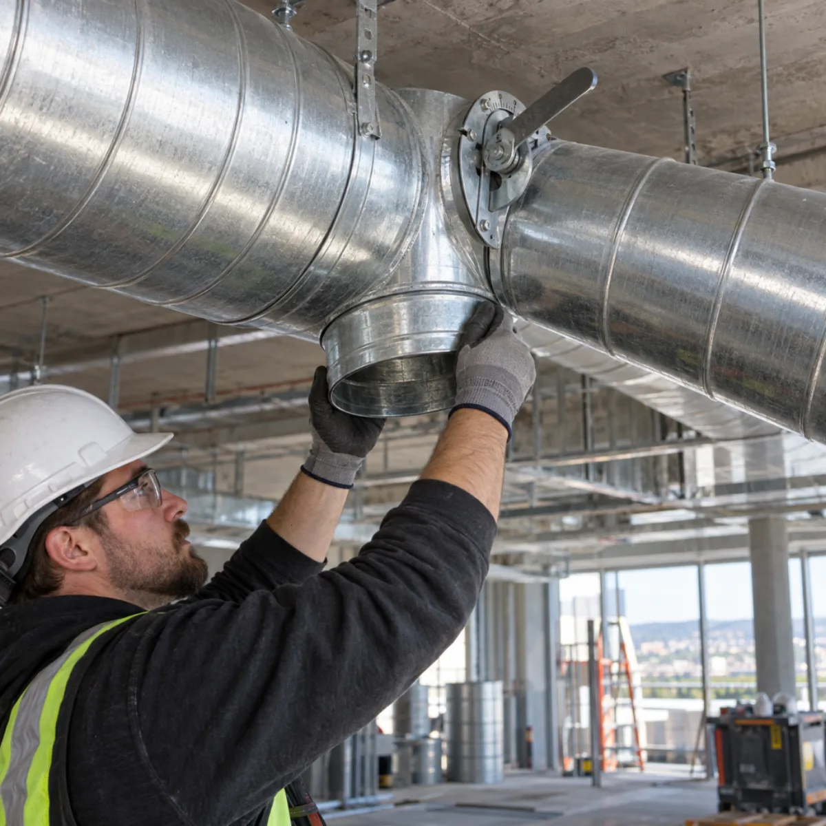 Installer working on a round metal duct connection