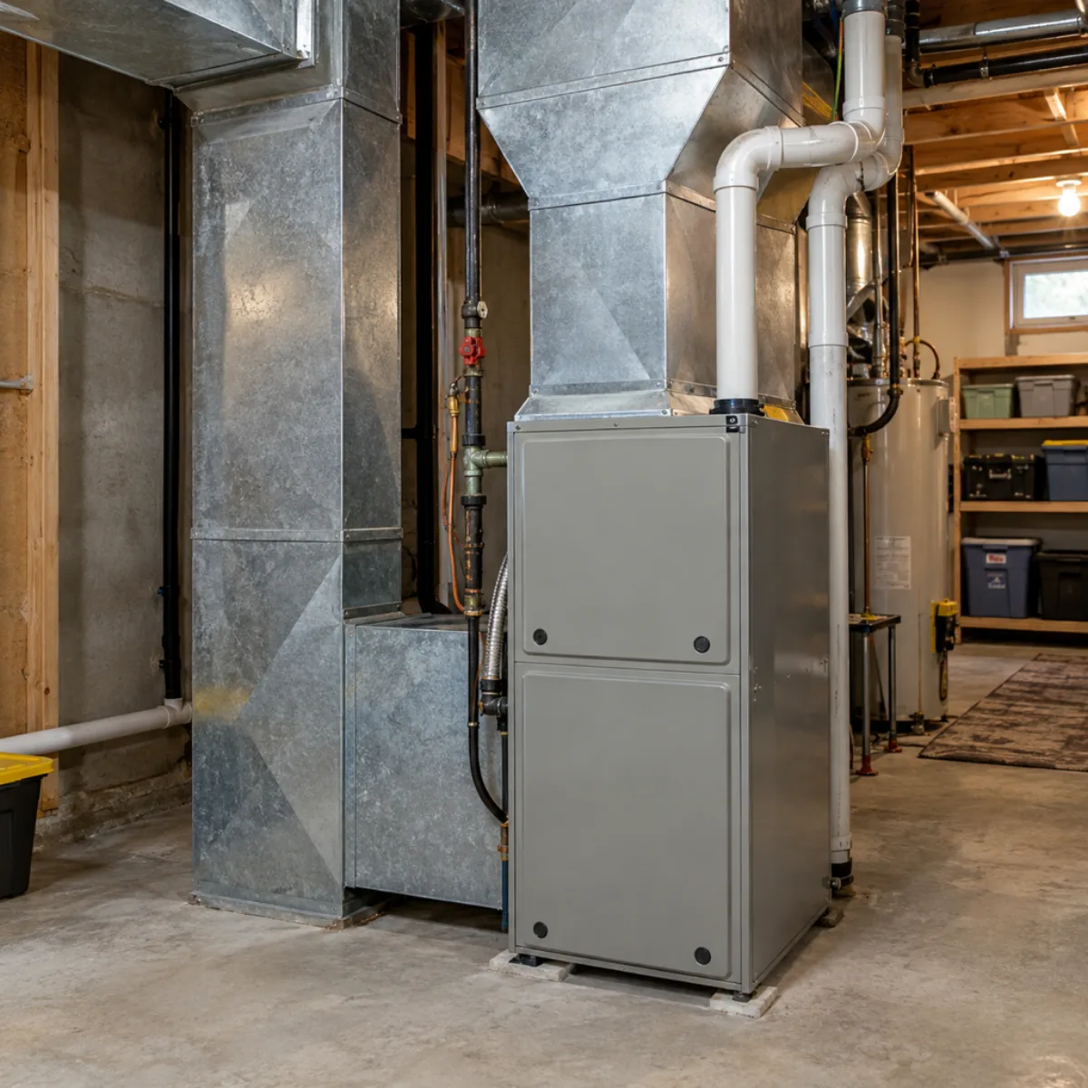 Residential furnace connected to rectangular metal ductwork