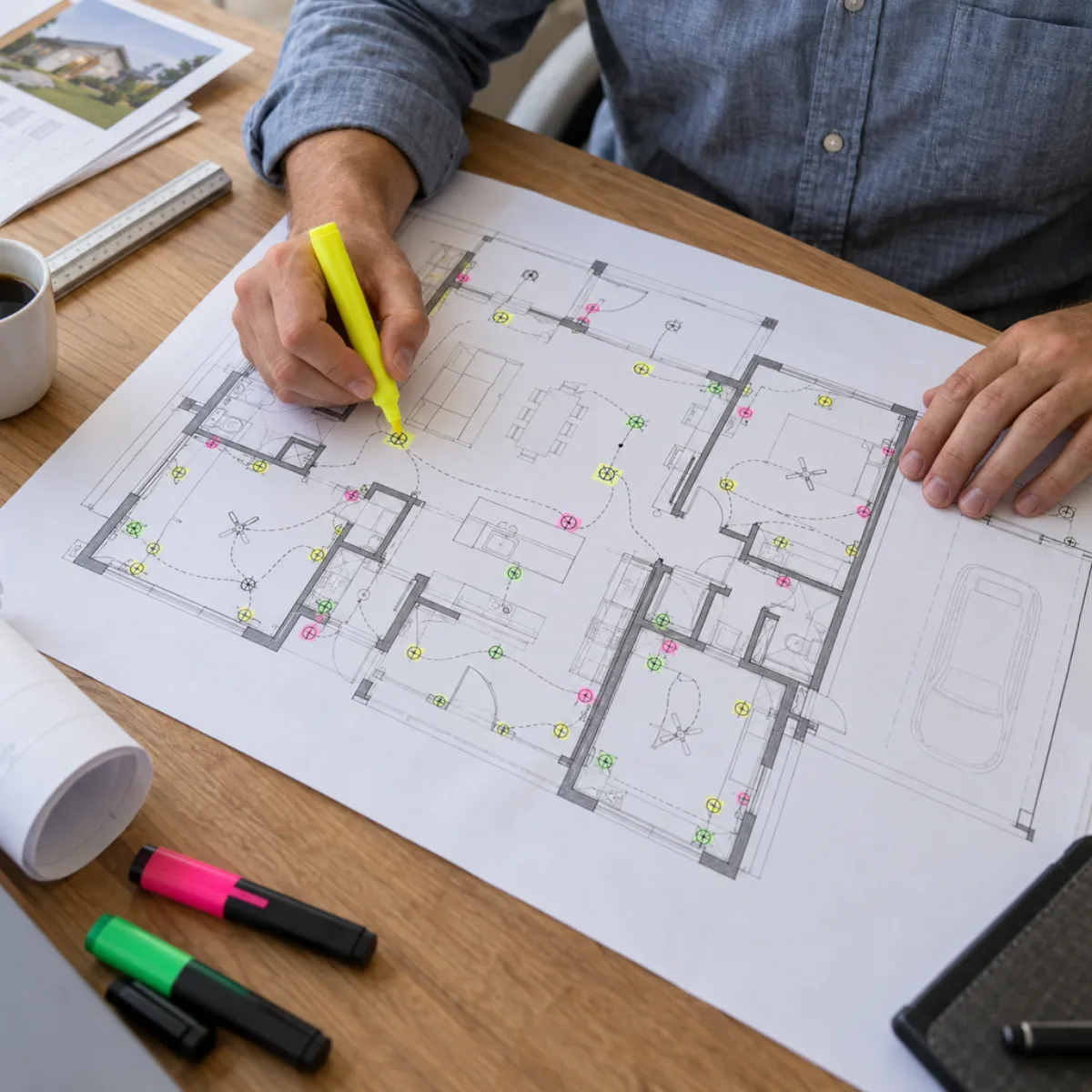 Estimator marking electrical symbols on a residential plan