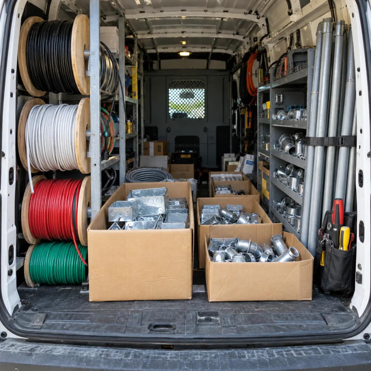 Wire reels, conduit and electrical fittings stored in a work van