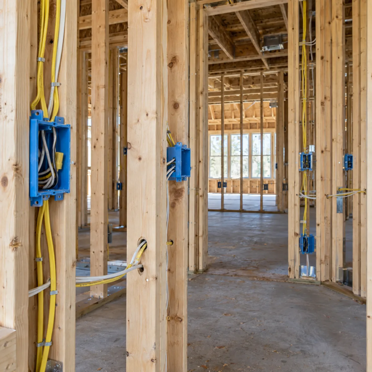 Electrical boxes and cable installed along unfinished wall framing