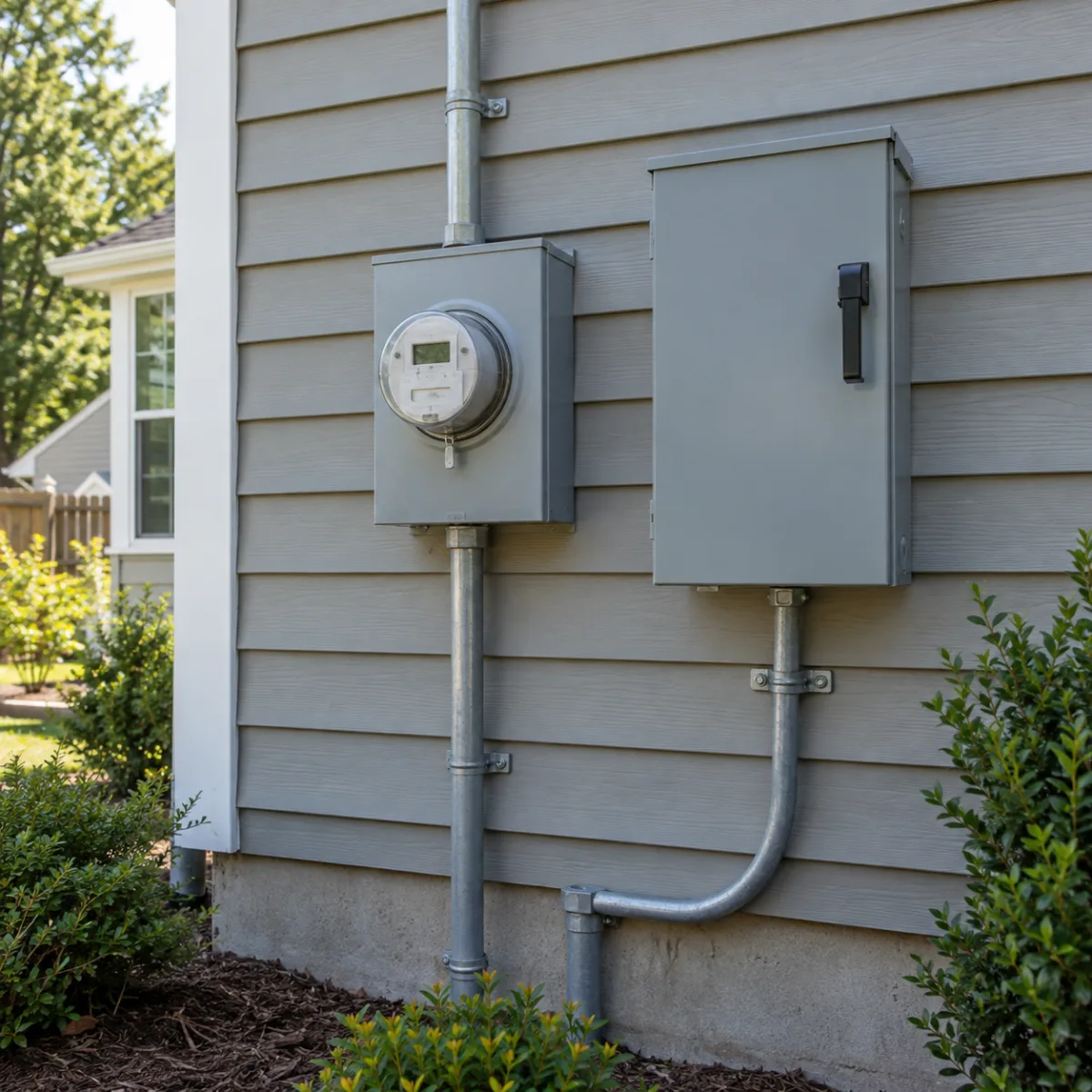Residential electric meter and service enclosure on an exterior wall
