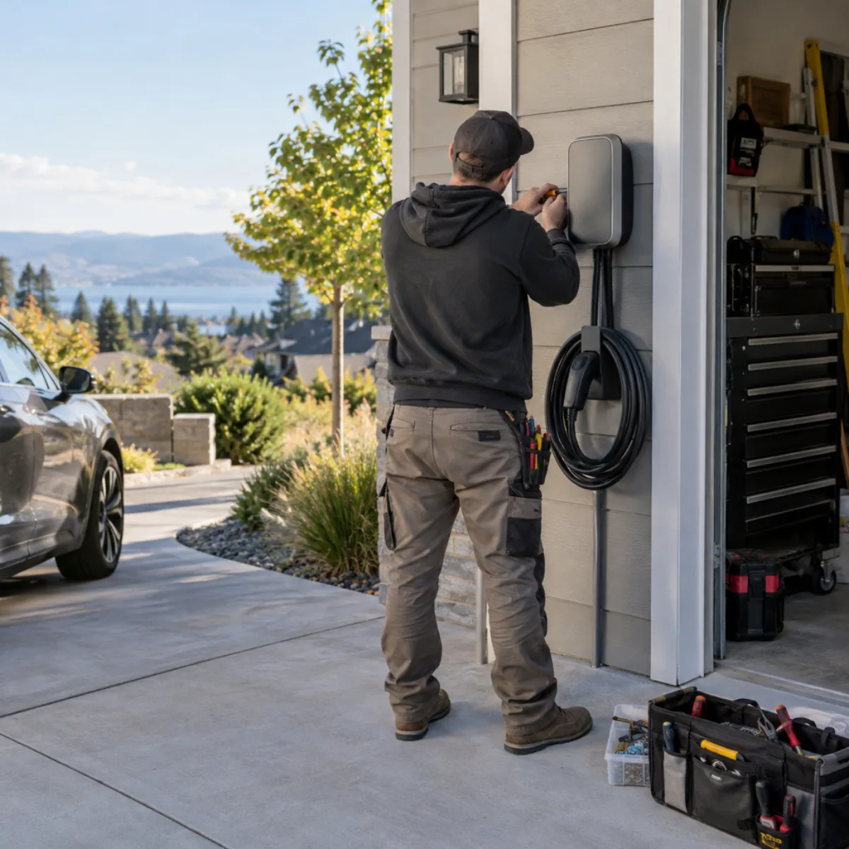 Technician working on a wall-mounted EV charging station