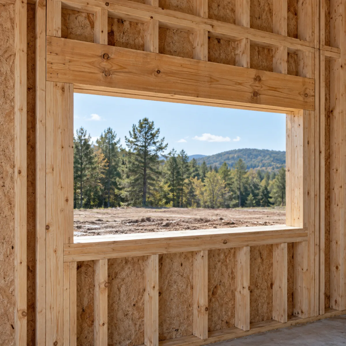 Close view of a framed window opening and header