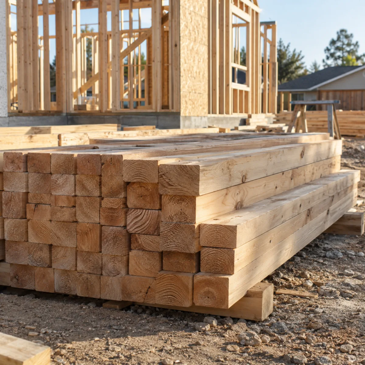 Stacked dimensional lumber prepared for wall framing
