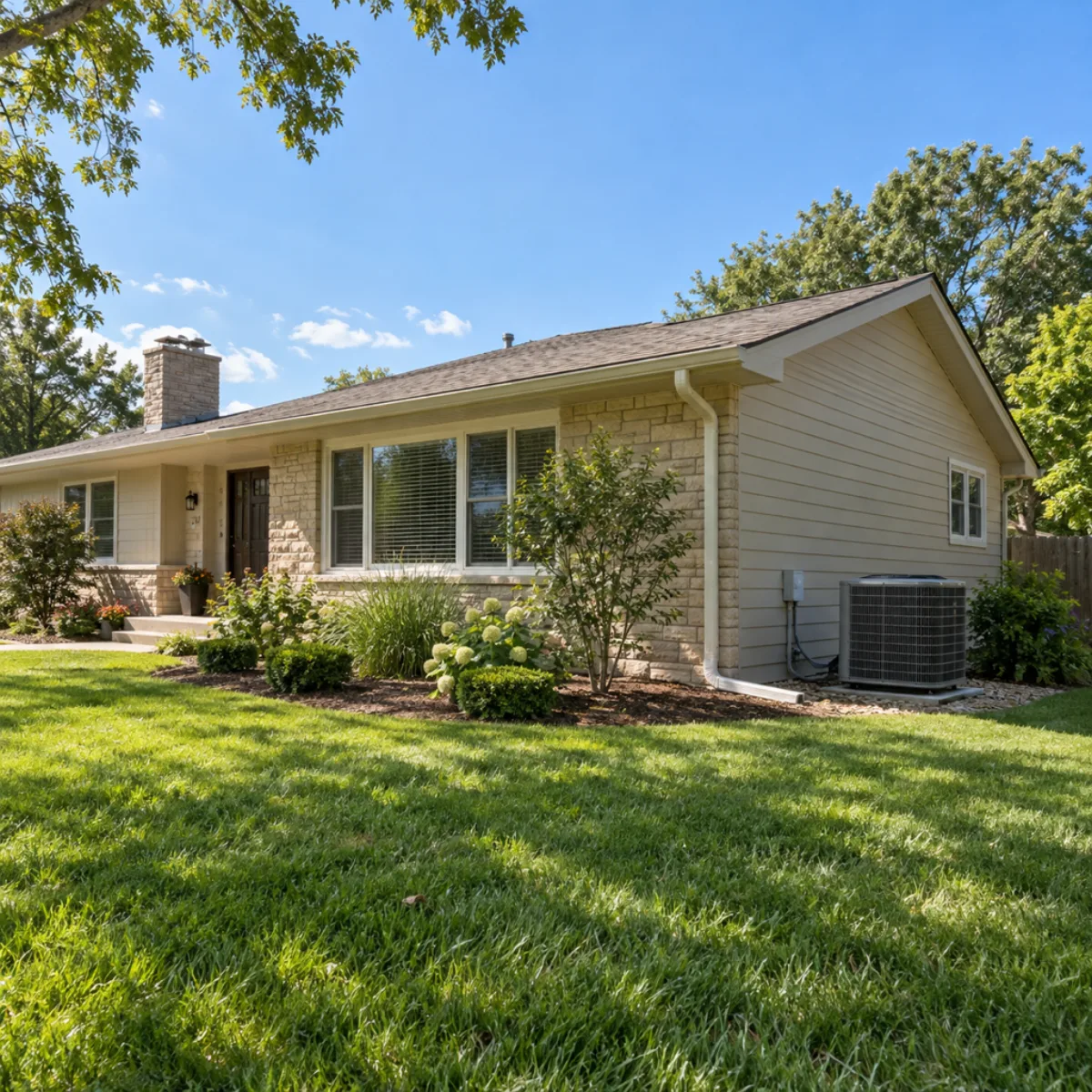 Single-story house with an outdoor air-conditioning unit