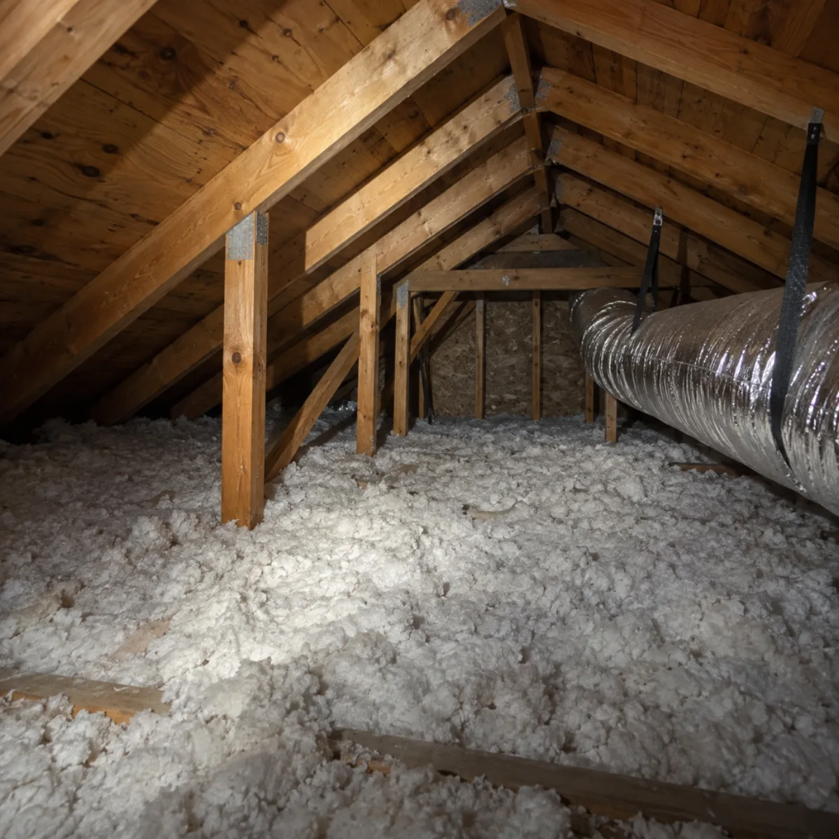Blown attic insulation surrounding flexible air ducts