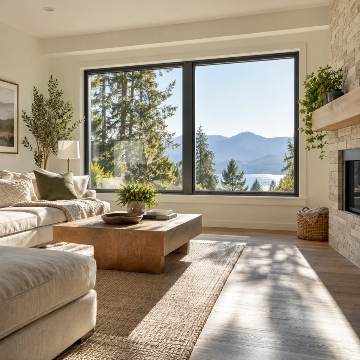 Sunlight entering a living room through large windows