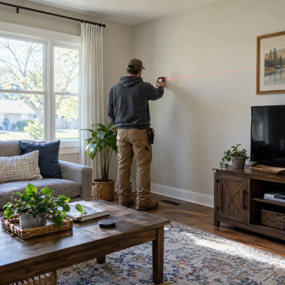 Technician measuring a living room with a laser distance meter