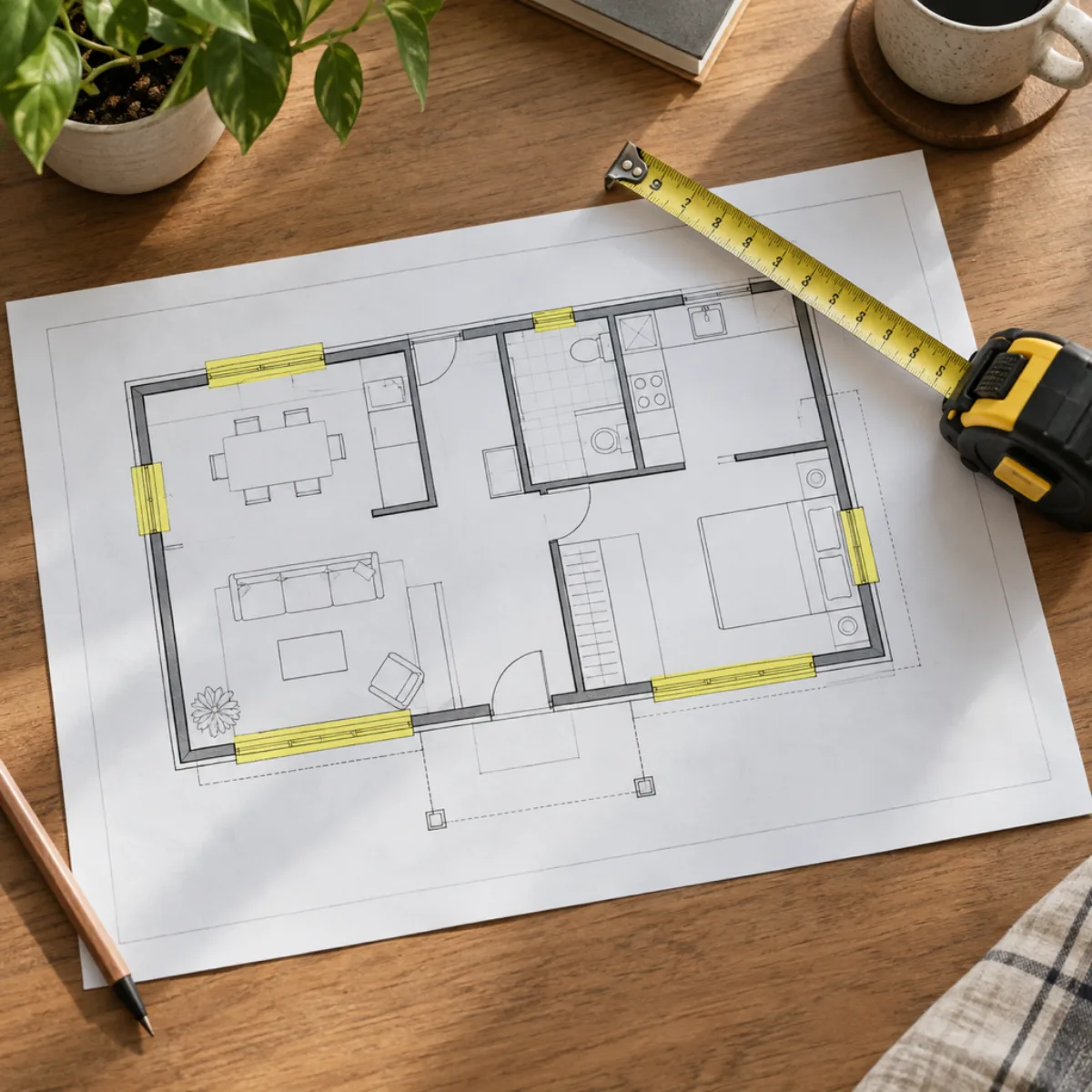 Highlighted windows on a residential floor plan beside a tape measure
