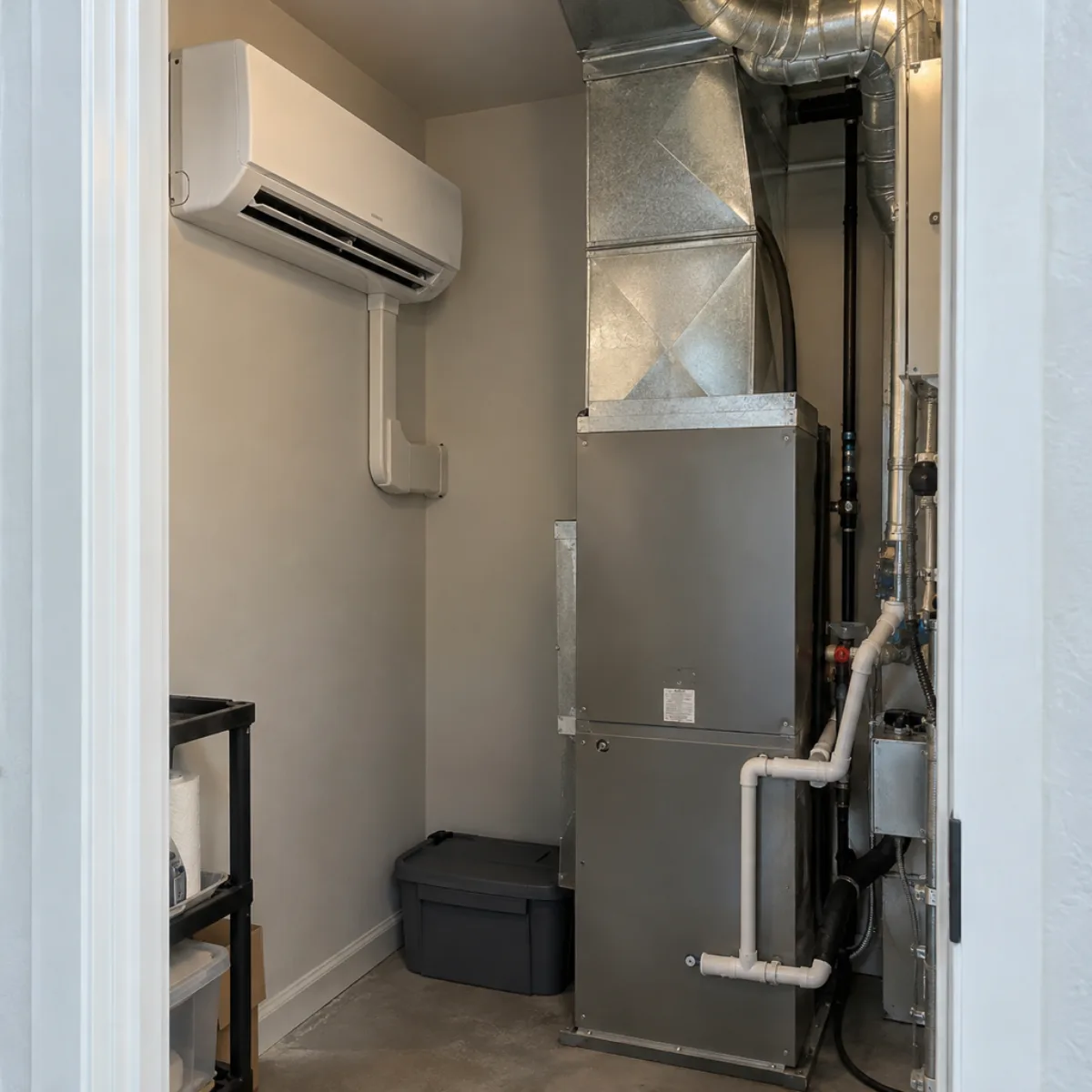 Ducted air handler and wall-mounted indoor unit in a mechanical room