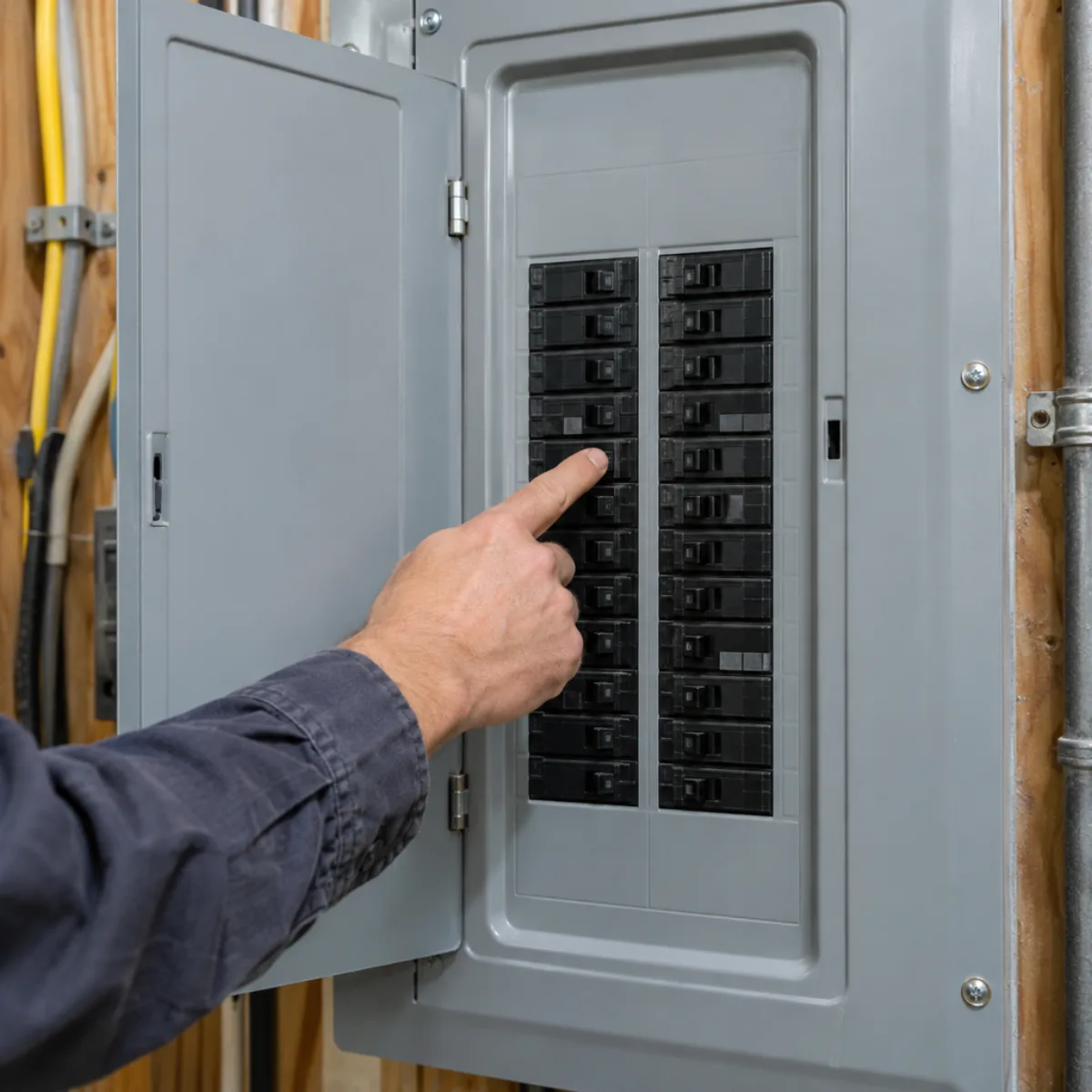 Hand pointing to a circuit breaker in a covered panel