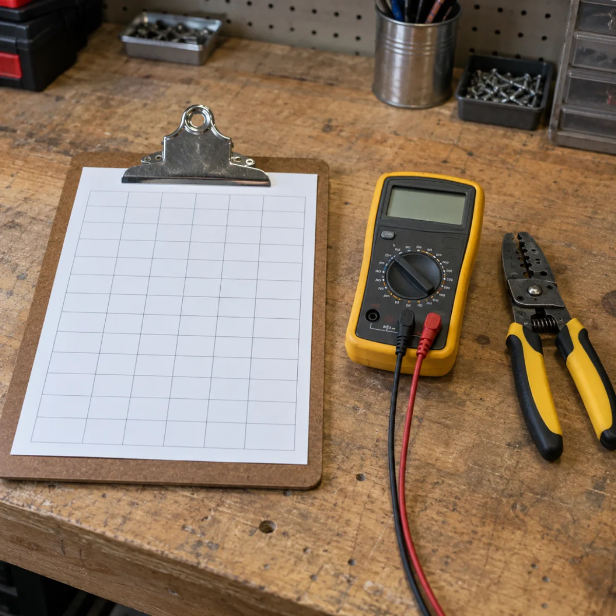 Blank panel schedule on a clipboard beside a multimeter