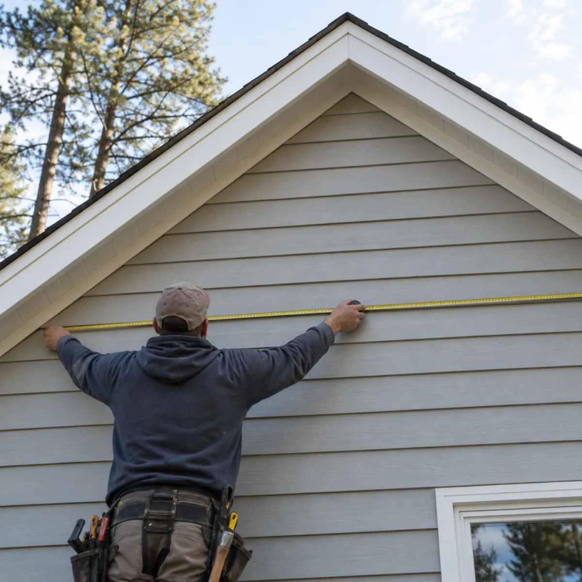 Installer measuring across a house gable before cutting siding